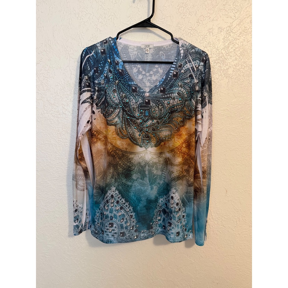 Cache Womens XL Long Sleeve V-Neck Blue Orange Rhinestone Abstract Paisley Top